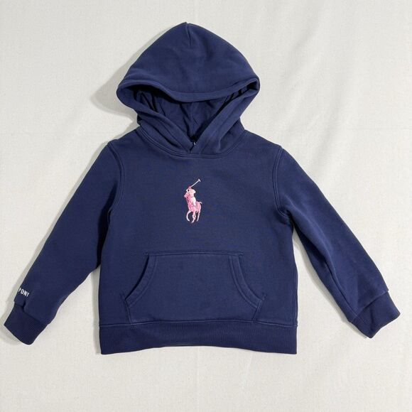 Pink Pony By Ralph Lauren Girls Navy Pink Embroidered Pony Hoodie Size 5 - Picture 1 of 8